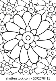 Patrón de Doodle floral en blanco y negro. Página para el libro de colorear: trabajo muy interesante y relajante para niños y adultos. Dibujo de Zentangle. Moqueta de flores en el jardín mágico