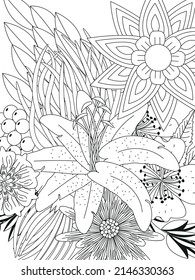 Doodle Blumenmuster auf Schwarz-Weiß. Eine Seite für das Farbbuch: sehr interessante und entspannende Arbeit für Kinder und Erwachsene. Zeichnung im Mittelpunkt. Blumenteppich in einem zauberhaften Garten