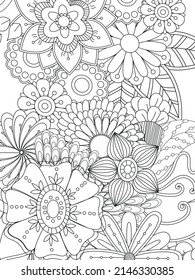 Patrón de Doodle floral en blanco y negro. Una página para el libro de colorear: trabajo muy interesante y relajante para niños y adultos. Dibujo de Zentangle. Moqueta de flores en un jardín mágico