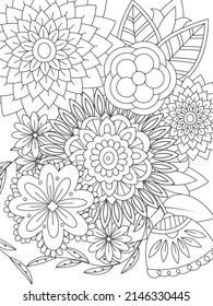 Doodle Blumenmuster auf Schwarz-Weiß. Eine Seite für das Farbbuch: sehr interessante und entspannende Arbeit für Kinder und Erwachsene. Zeichnung im Mittelpunkt. Blumenteppich in einem zauberhaften Garten