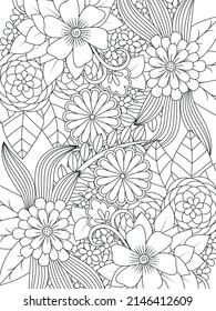 Doodle floral pattern in black and white. A page for coloring book: very interesting and relaxing job for children and adults. Zentangle drawing. Flower carpet in a magic garden