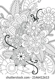 Doodle floral pattern in black and white. A page for coloring book: very interesting and relaxing job for children and adults. Zentangle drawing. Flower carpet in a magic garden