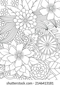 Doodle floral pattern in black and white. Page for coloring book: very interesting and relaxing job for children and adults. Zentangle drawing. Flower carpet in magic garden