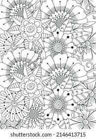 Patrón de Doodle floral en blanco y negro. Página para el libro de colorear: trabajo muy interesante y relajante para niños y adultos. Dibujo de Zentangle. Moqueta de flores en el jardín mágico