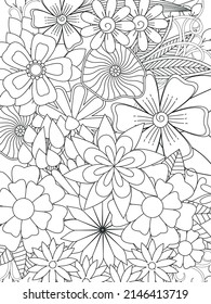 Doodle floral pattern in black and white. Page for coloring book: very interesting and relaxing job for children and adults. Zentangle drawing. Flower carpet in magic garden