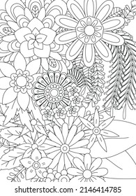 Patrón de Doodle floral en blanco y negro. Página para el libro de colorear: trabajo muy interesante y relajante para niños y adultos. Dibujo de Zentangle. Moqueta de flores en el jardín mágico