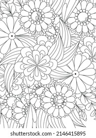 Doodle floral pattern in black and white. Page for coloring book: very interesting and relaxing job for children and adults. Zentangle drawing. Flower carpet in magic garden