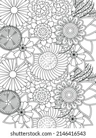 Doodle floral pattern in black and white. Page for coloring book: very interesting and relaxing job for children and adults. Zentangle drawing. Flower carpet in magic garden