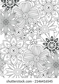 Doodle floral pattern in black and white. Page for coloring book: very interesting and relaxing job for children and adults. Zentangle drawing. Flower carpet in magic garden