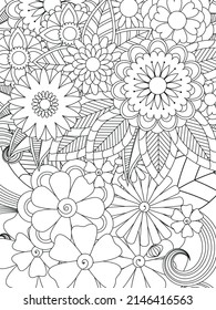 Doodle floral pattern in black and white. Page for coloring book: very interesting and relaxing job for children and adults. Zentangle drawing. Flower carpet in magic garden