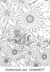 Doodle floral pattern in black and white. Page for coloring book: very interesting and relaxing job for children and adults. Zentangle drawing. Flower carpet in magic garden