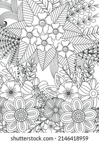 Doodle floral pattern in black and white. Page for coloring book: very interesting and relaxing job for children and adults. Zentangle drawing. Flower carpet in magic garden