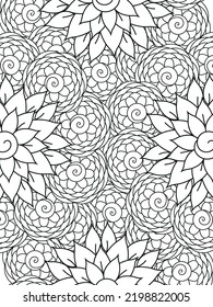 Doodle floral pattern in black and white. A page for coloring book: very interesting and relaxing job for children and adults. Zentangle drawing. Flower carpet in a magic garden