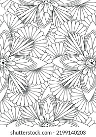Patrón de Doodle floral en blanco y negro. Una página para el libro de colorear: trabajo fascinante y relajante para niños y adultos. Dibujo de Zentangle. Moqueta de flores en un jardín mágico