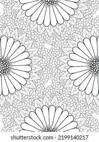 Doodle floral pattern in black and white. A page for coloring book: fascinating and relaxing job for children and adults. Zentangle drawing. Flower carpet in a magic garden