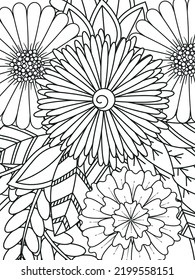 Doodle floral pattern in black and white. A page for coloring book: fascinating and relaxing job for children and adults. Zentangle drawing. Flower carpet in a magic garden