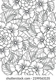 Doodle floral pattern in black and white. A page for coloring book: fascinating and relaxing job for children and adults. Zentangle drawing. Flower carpet in a magic garden