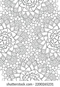 Doodle floral pattern in black and white. A page for coloring book: fascinating and relaxing job for children and adults. Zentangle drawing. Flower carpet in a magic garden