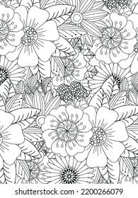Patrón de Doodle floral en blanco y negro. Una página para el libro de colorear: trabajo fascinante y relajante para niños y adultos. Dibujo de Zentangle. Moqueta de flores en un jardín mágico