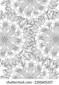 Patrón de Doodle floral en blanco y negro. Una página para el libro de colorear: trabajo fascinante y relajante para niños y adultos. Dibujo de Zentangle. Moqueta de flores en un jardín mágico