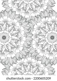 Doodle floral pattern in black and white. A page for coloring book: fascinating and relaxing job for children and adults. Zentangle drawing. Flower carpet in a magic garden