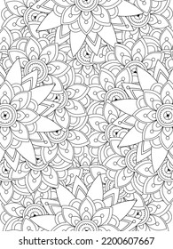 Doodle floral pattern in black and white. A page for coloring book: fascinating and relaxing job for children and adults. Zentangle drawing. Flower carpet in a magic garden