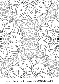 Doodle floral pattern in black and white. A page for coloring book: fascinating and relaxing job for children and adults. Zentangle drawing. Flower carpet in a magic garden