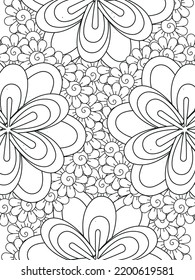 Doodle floral pattern in black and white. A page for coloring book: fascinating and relaxing job for children and adults. Zentangle drawing. Flower carpet in a magic garden