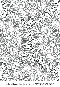 Patrón de Doodle floral en blanco y negro. Una página para el libro de colorear: trabajo fascinante y relajante para niños y adultos. Dibujo de Zentangle. Moqueta de flores en un jardín mágico