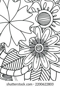 Patrón de Doodle floral en blanco y negro. Una página para el libro de colorear: trabajo fascinante y relajante para niños y adultos. Dibujo de Zentangle. Moqueta de flores en un jardín mágico