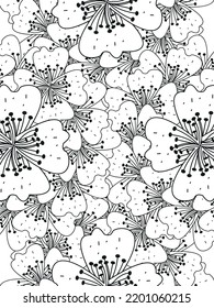 Doodle floral pattern in black and white. A page for coloring book: fascinating and relaxing job for children and adults. Zentangle drawing. Flower carpet in a magic garden