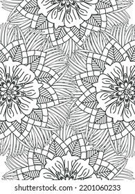 Doodle floral pattern in black and white. A page for coloring book: fascinating and relaxing job for children and adults. Zentangle drawing. Flower carpet in a magic garden