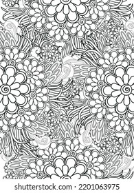 Patrón de Doodle floral en blanco y negro. Una página para el libro de colorear: trabajo fascinante y relajante para niños y adultos. Dibujo de Zentangle. Moqueta de flores en un jardín mágico