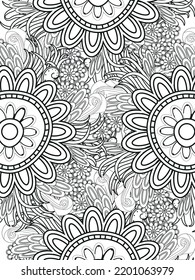 Doodle floral pattern in black and white. A page for coloring book: fascinating and relaxing job for children and adults. Zentangle drawing. Flower carpet in a magic garden