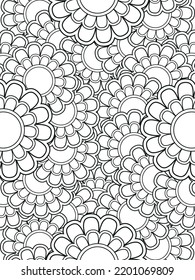 Patrón de Doodle floral en blanco y negro. Una página para el libro de colorear: trabajo fascinante y relajante para niños y adultos. Dibujo de Zentangle. Moqueta de flores en un jardín mágico