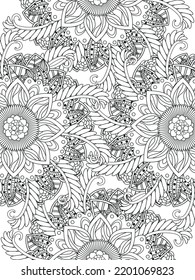 Doodle floral pattern in black and white. A page for coloring book: fascinating and relaxing job for children and adults. Zentangle drawing. Flower carpet in a magic garden