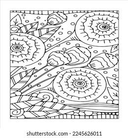 Doodle floral pattern in black and white. Page for coloring book: very interesting and relaxing job for children and adults. Zentangle drawing. Flower carpet in magic garden