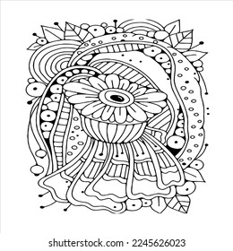 Doodle floral pattern in black and white. Page for coloring book: very interesting and relaxing job for children and adults. Zentangle drawing. Flower carpet in magic garden