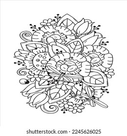 Doodle floral pattern in black and white. Page for coloring book: very interesting and relaxing job for children and adults. Zentangle drawing. Flower carpet in magic garden