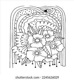 Doodle floral pattern in black and white. Page for coloring book: very interesting and relaxing job for children and adults. Zentangle drawing. Flower carpet in magic garden