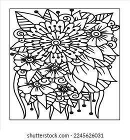 Doodle floral pattern in black and white. Page for coloring book: very interesting and relaxing job for children and adults. Zentangle drawing. Flower carpet in magic garden