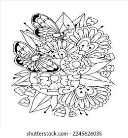 Doodle floral pattern in black and white. Page for coloring book: very interesting and relaxing job for children and adults. Zentangle drawing. Flower carpet in magic garden