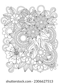 Patrón de Doodle floral en blanco y negro. Página para el libro de colorear. Para adultos y niños. Dibujo floral de Doodle. Página de coloreo de la terapia artística.