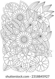 Doodle floral pattern in black and white. Coloring pages for adult. Vector black and white colorin page for colouring book.