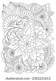 Patrón de Doodle floral en blanco y negro. Página para el libro de colorear: trabajo muy interesante y relajante para niños y adultos. Patrón de flores en blanco y negro para libro de colorantes para adultos. 