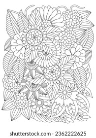 Doodle floral pattern in black and white. Page for coloring book. Vector floral wallpaper. For adults and kids