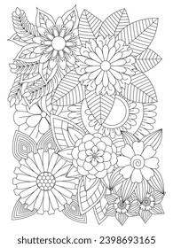 Doodle floral pattern in black and white. Page for coloring book: Vector black and white coloring page for coloring book. 