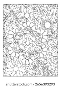 Doodle floral pattern in black and white. Page for coloring book. For adult and kids. Vector doodle flowers in black and white.