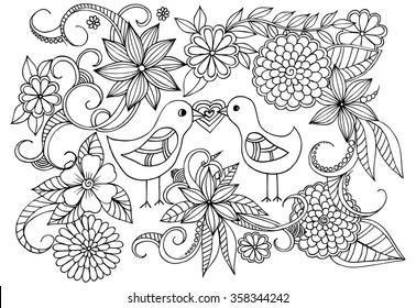 Doodle floral pattern in black and white. Page for coloring book: very interesting and relaxing job for children and adults. Zentangle drawing. Flower carpet in magic garden
