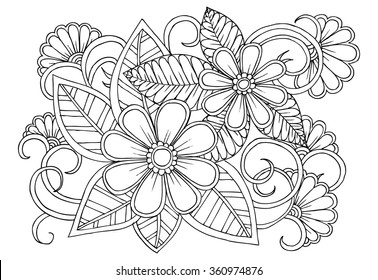 Doodle floral pattern in black and white. Page for coloring book. Zendoodle drawing. Flower carpet.